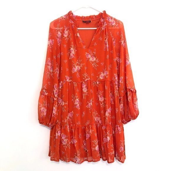 VINCE CAMUTO Floral Print Long Sleeve Split V-Neck Tiered Shift Dress Orange XS - Picture 2 of 12